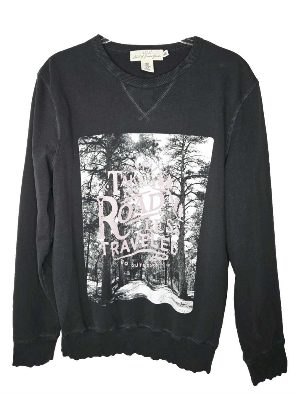 H&M LOGG Black Graphic Sweatshirt Size M Oversized THE ROAD LESS TRAVELED Cotton